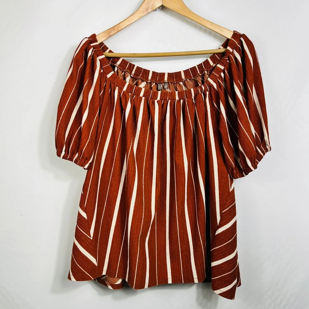 Anthropologie Rust‎ Orange White Striped Off the Shoulder Puff Sleeve Top Large